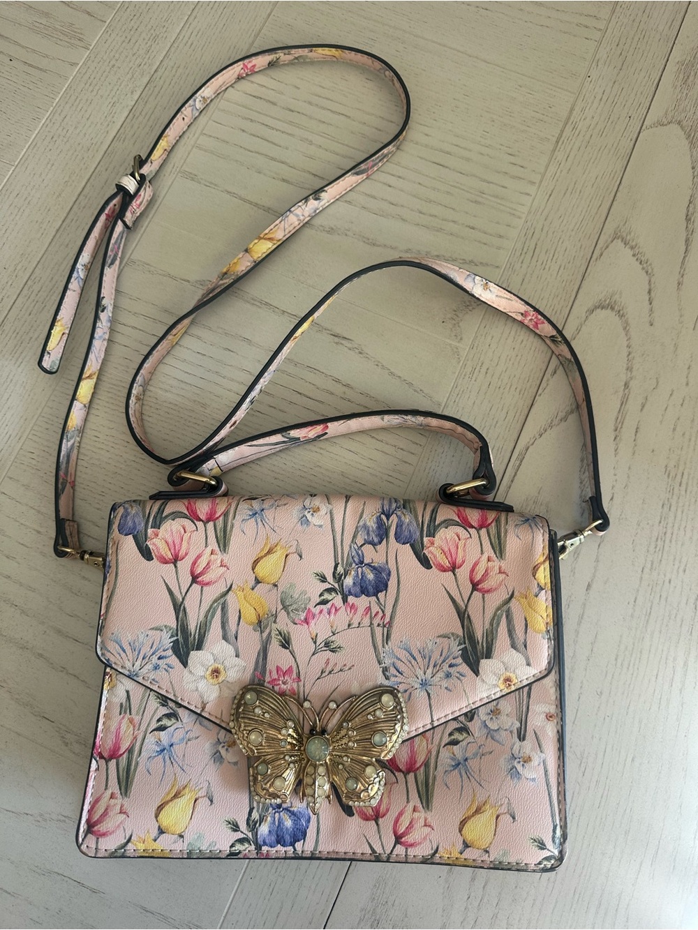 Aldo Floral Print Pink Crossbody with Gold Butterfly Accent